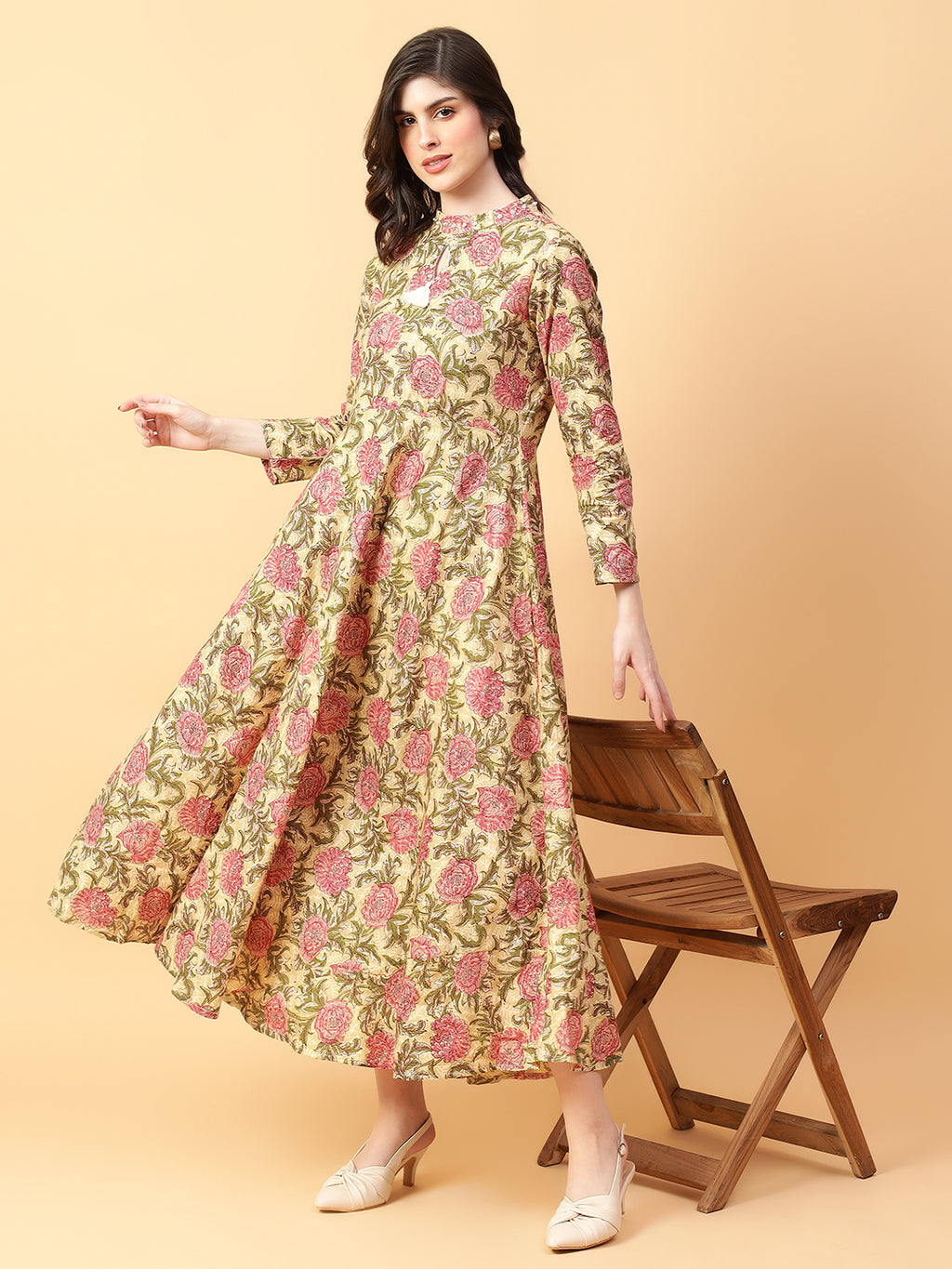 Beige Cotton Printed & Hand Work Party Wear Dress