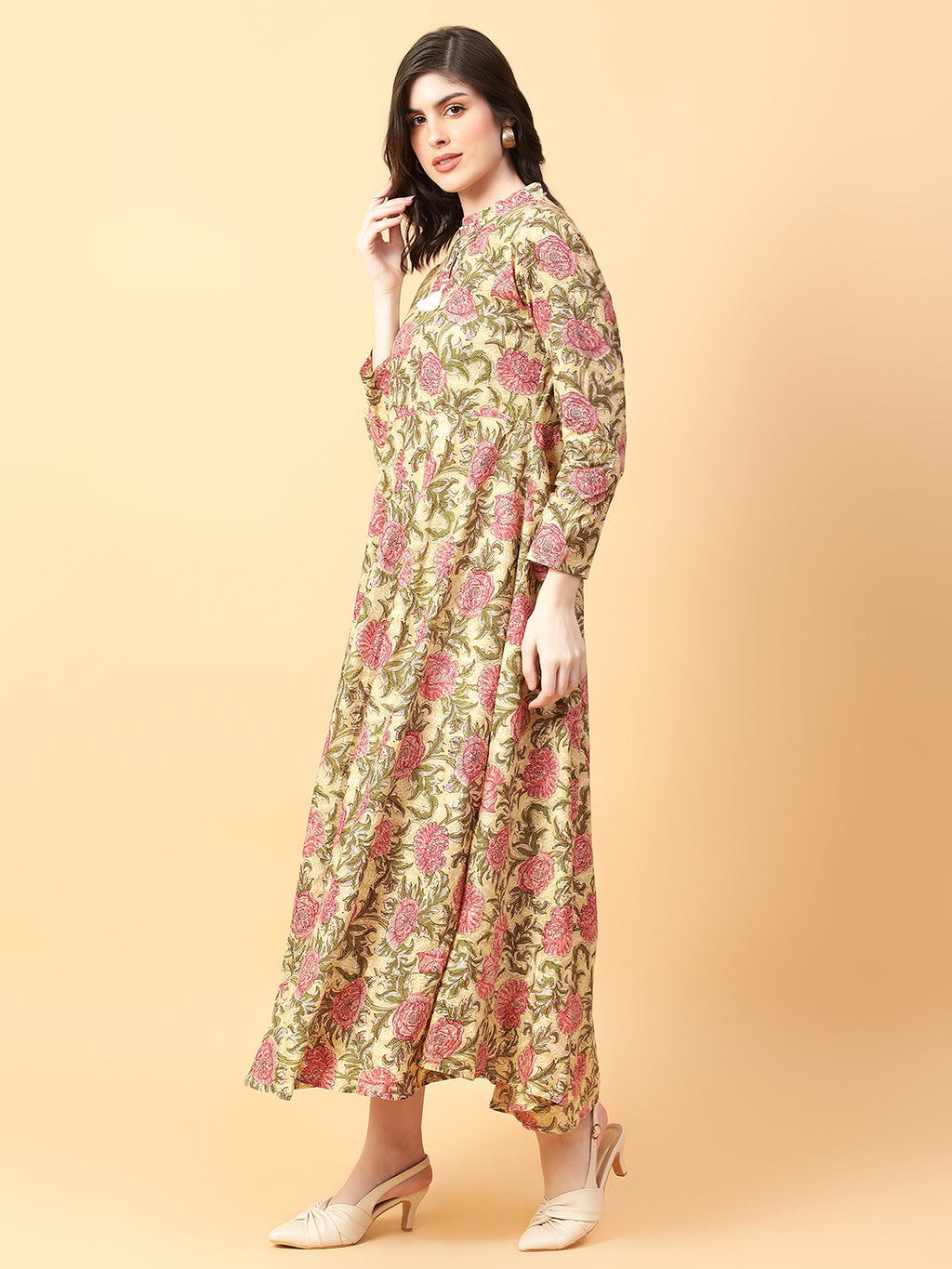 Beige Cotton Printed & Hand Work Party Wear Dress