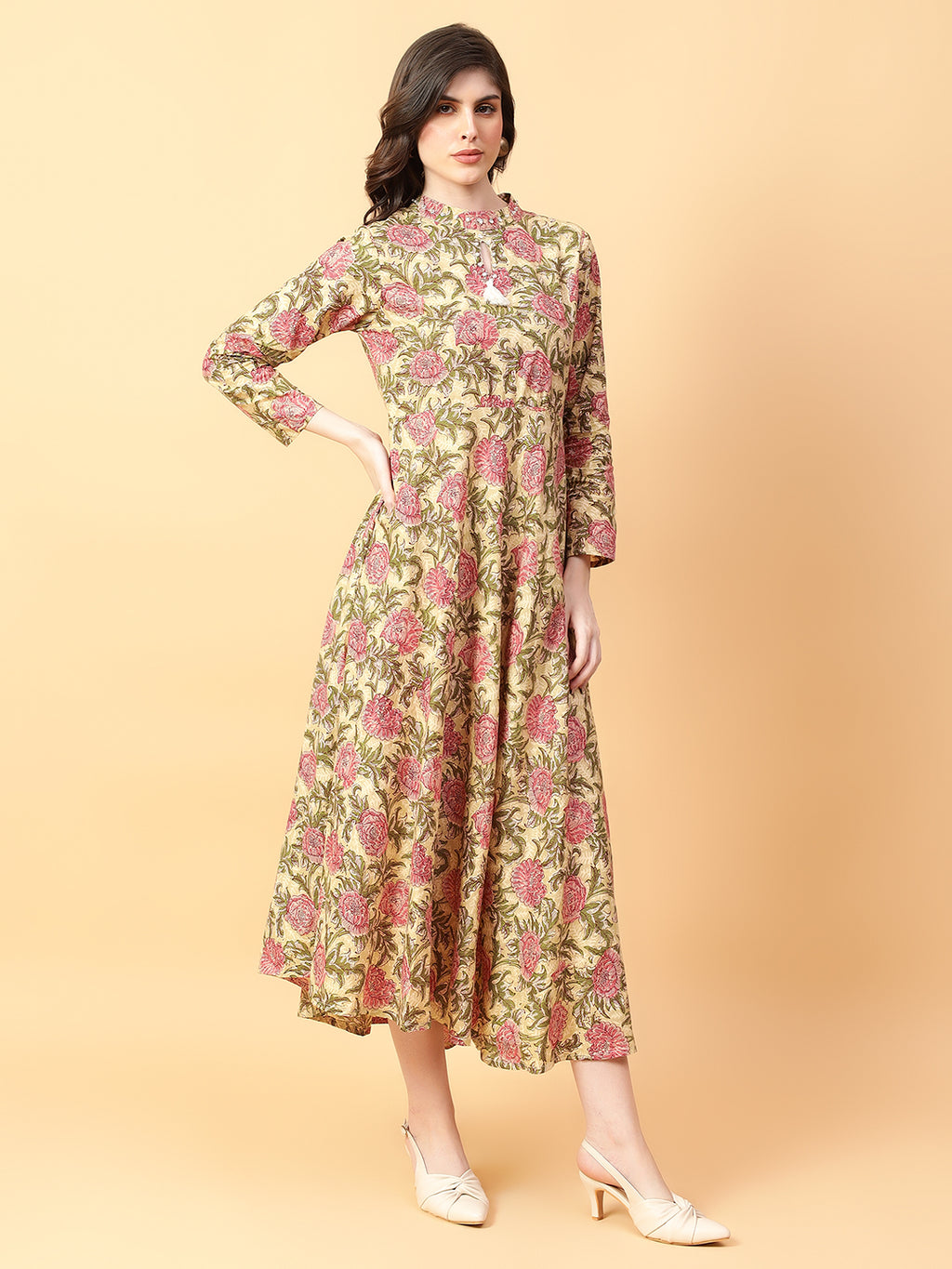 Beige Cotton Printed & Hand Work Party Wear Dress