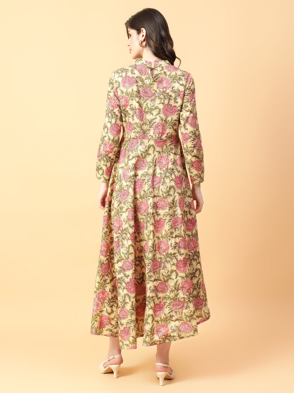Beige Cotton Printed & Hand Work Party Wear Dress