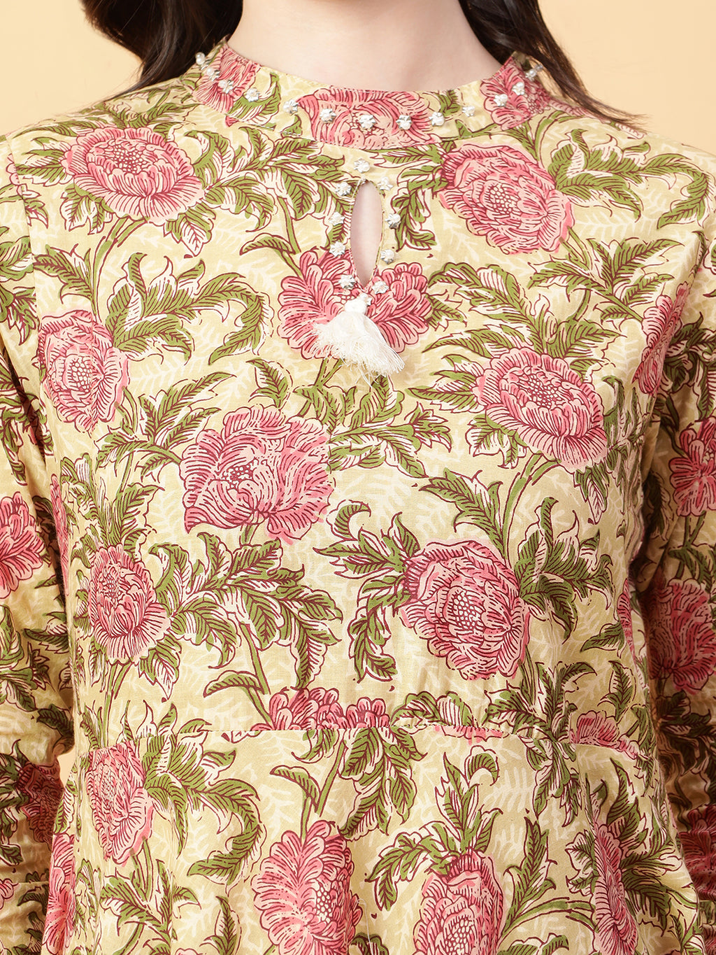 Beige Cotton Printed & Hand Work Party Wear Dress