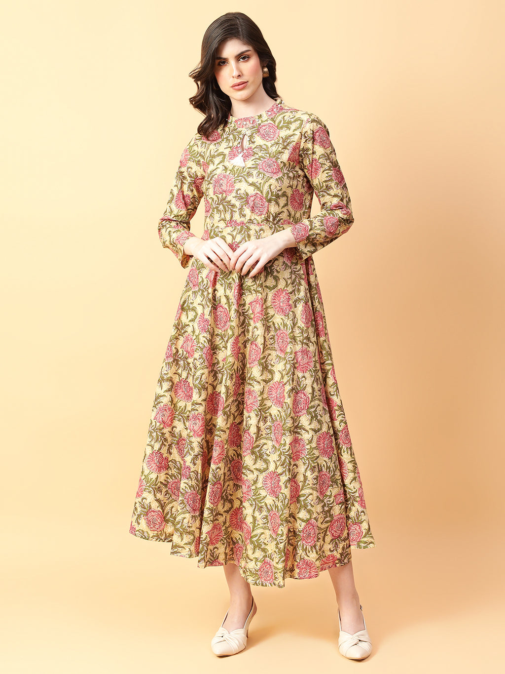 Beige Cotton Printed & Hand Work Party Wear Dress
