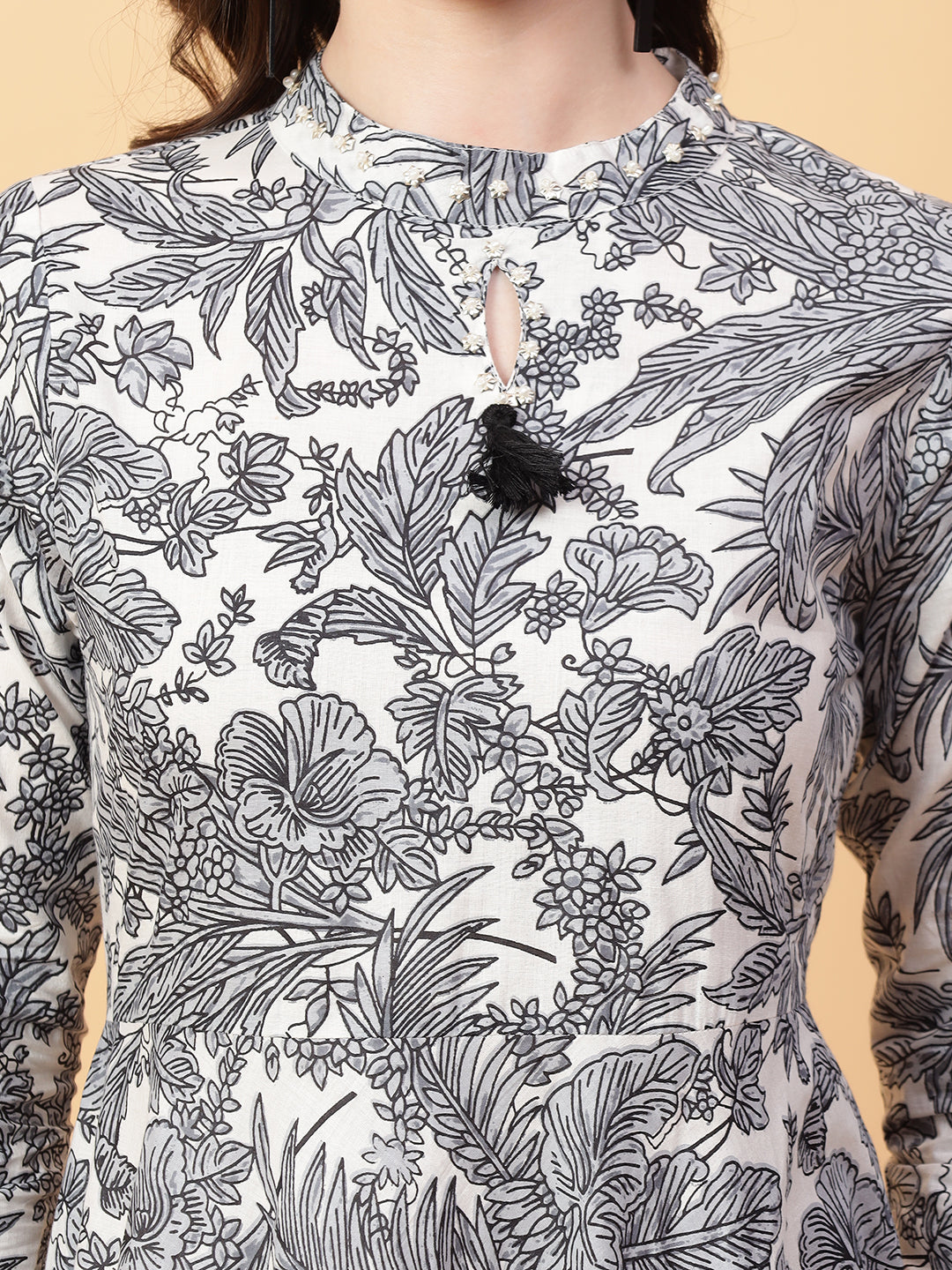 Grey Cotton Printed & Hand Work Party wear dresses
