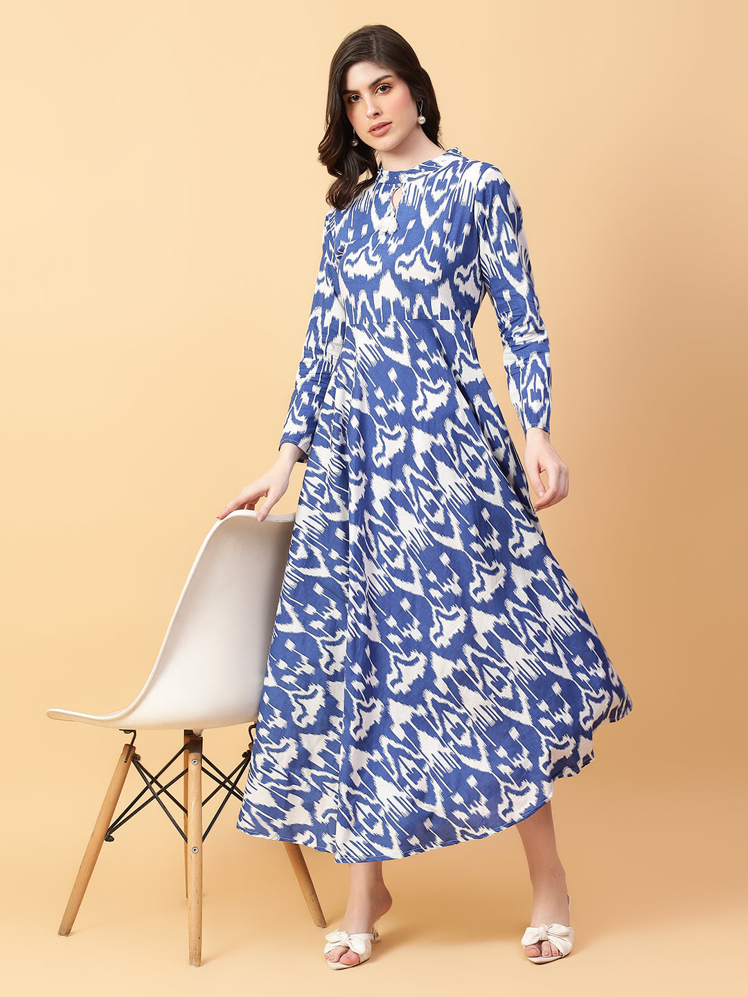 Blue Cotton Printed & Hand Work Party wear dresses