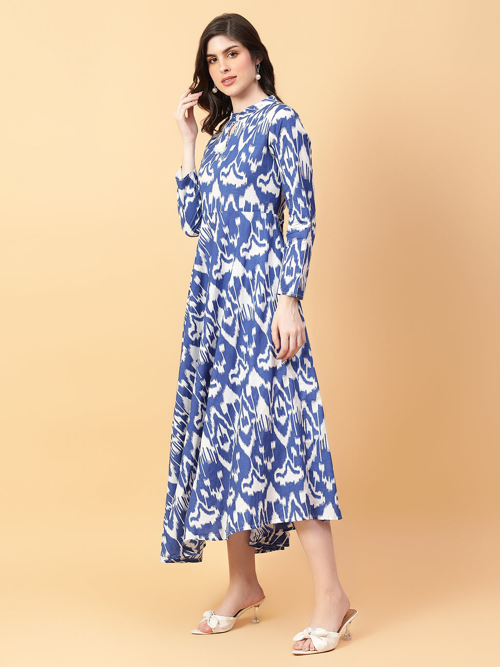 Blue Cotton Printed & Hand Work Party wear dresses