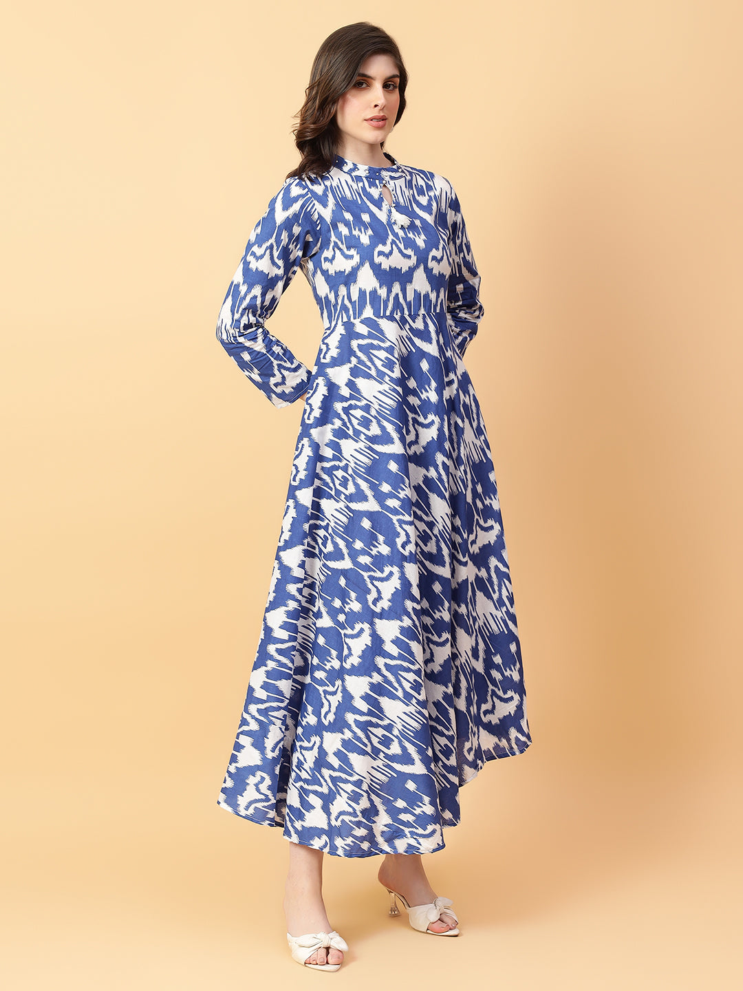 Blue Cotton Printed & Hand Work Party wear dresses
