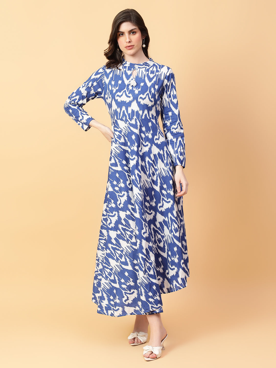 Blue Cotton Printed & Hand Work Party wear dresses