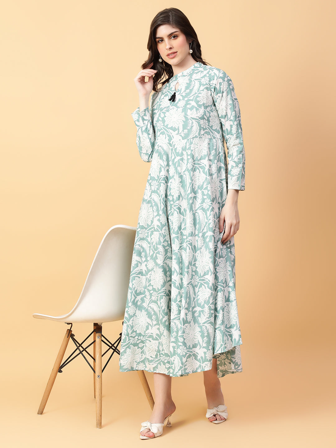 Green Cotton Printed & Hand Work Party wear dresses