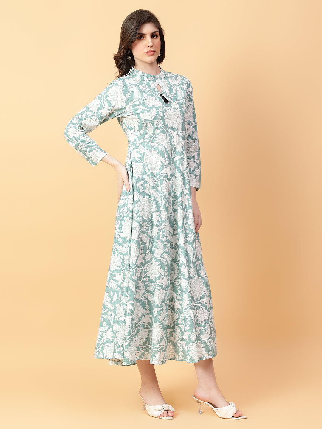 Green Cotton Printed & Hand Work Party wear dresses
