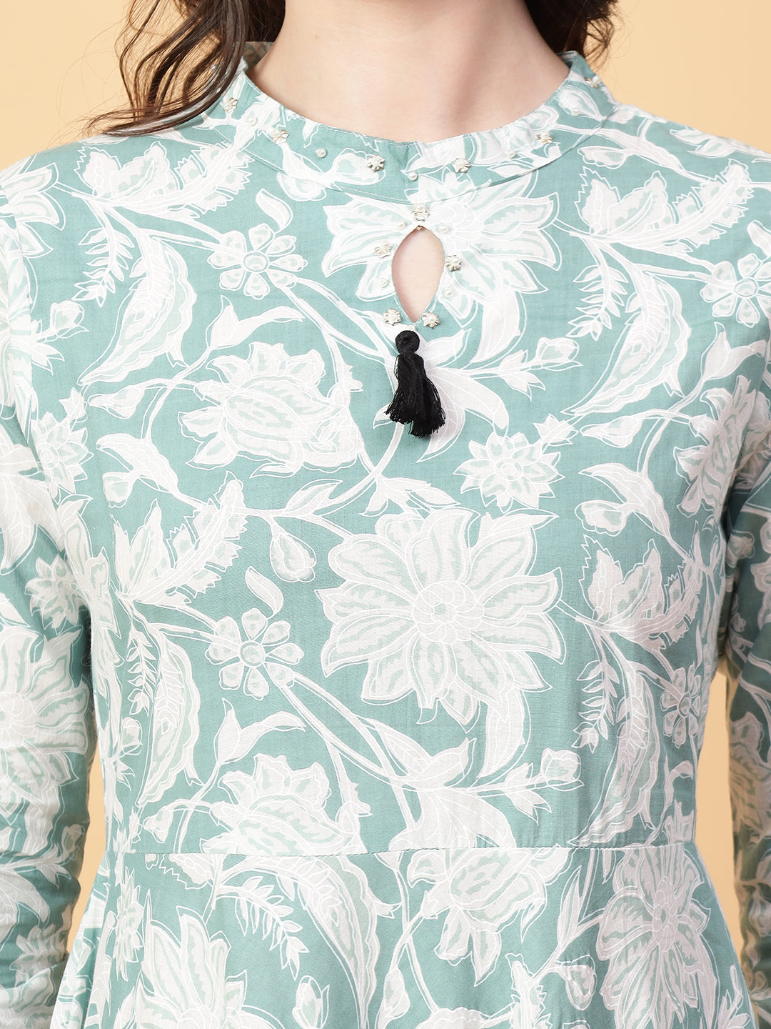 Green Cotton Printed & Hand Work Party wear dresses