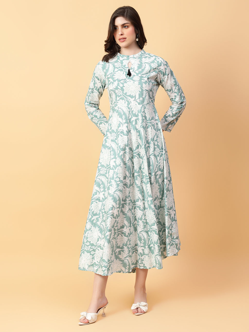 Green Cotton Printed & Hand Work Party wear dresses