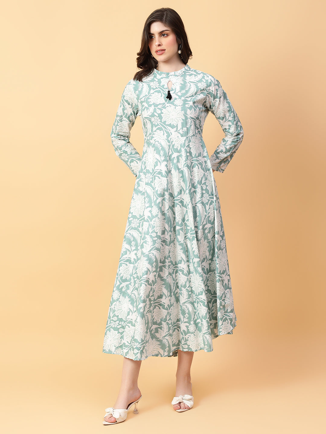 Green Cotton Printed & Hand Work Party wear dresses