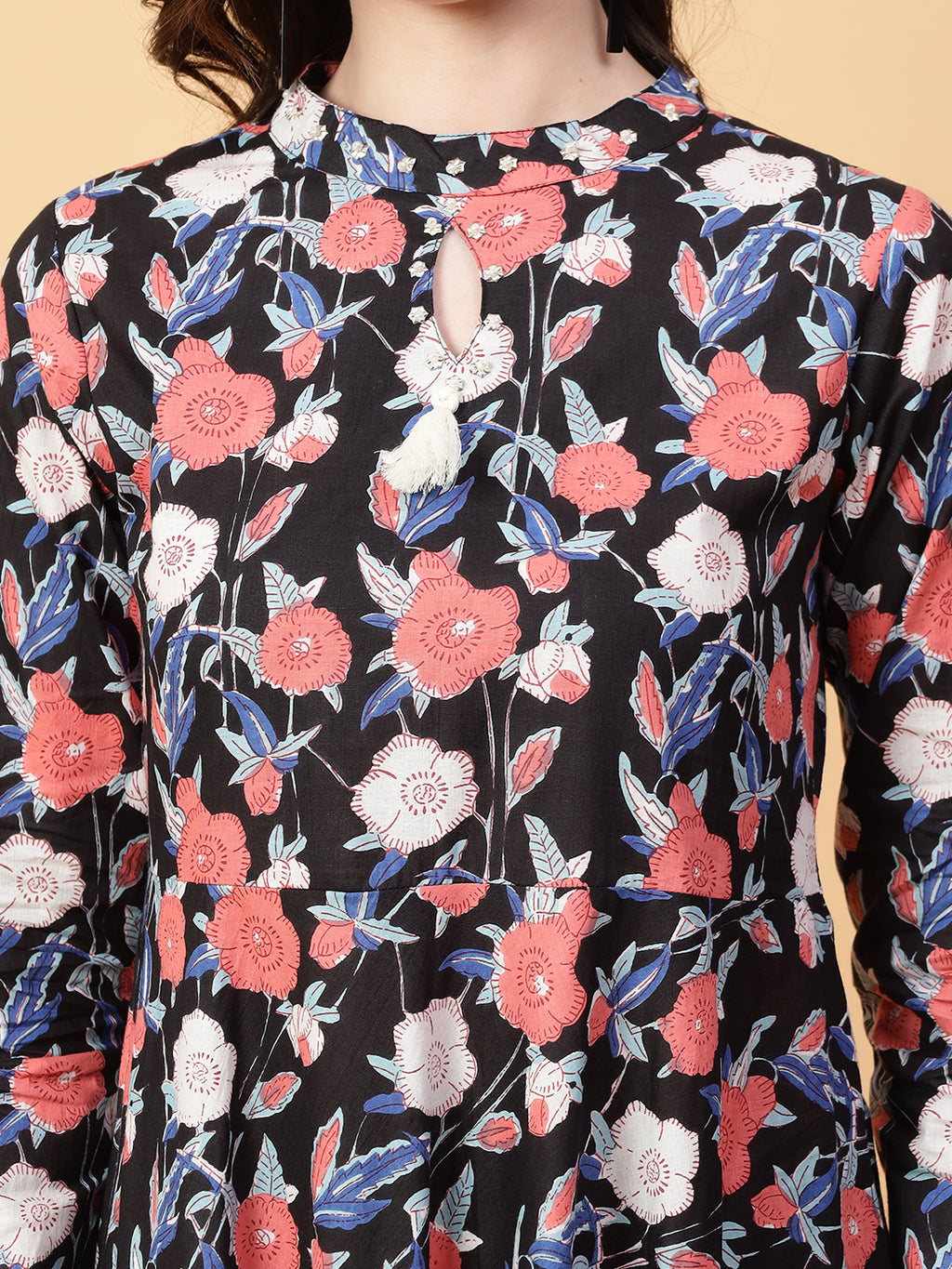 Black Cotton Printed & Hand Work Party wear dresses