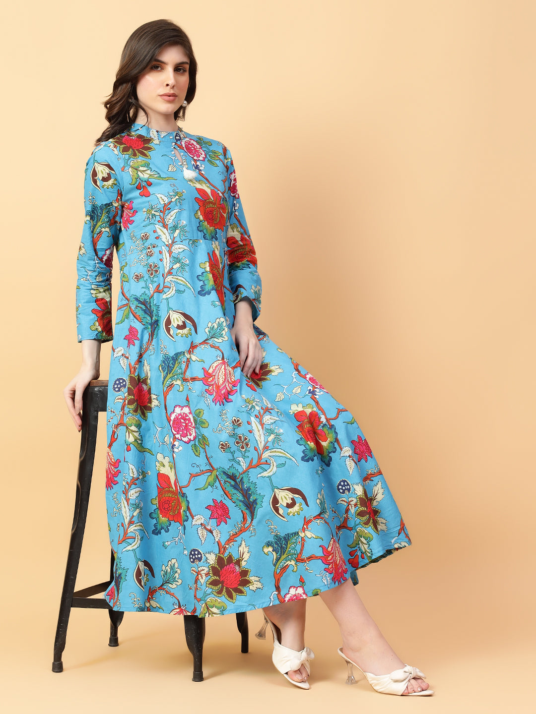 Turquoise Blue Cotton Printed & Hand Work Party wear dresses