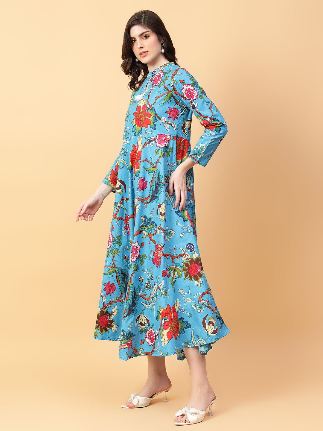 Turquoise Blue Cotton Printed & Hand Work Party wear dresses