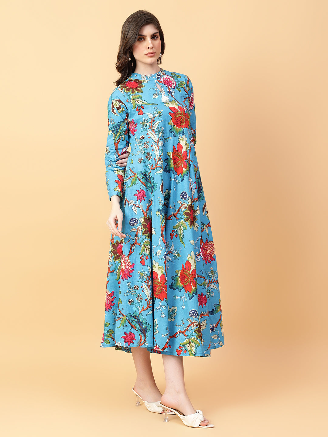 Turquoise Blue Cotton Printed & Hand Work Party wear dresses
