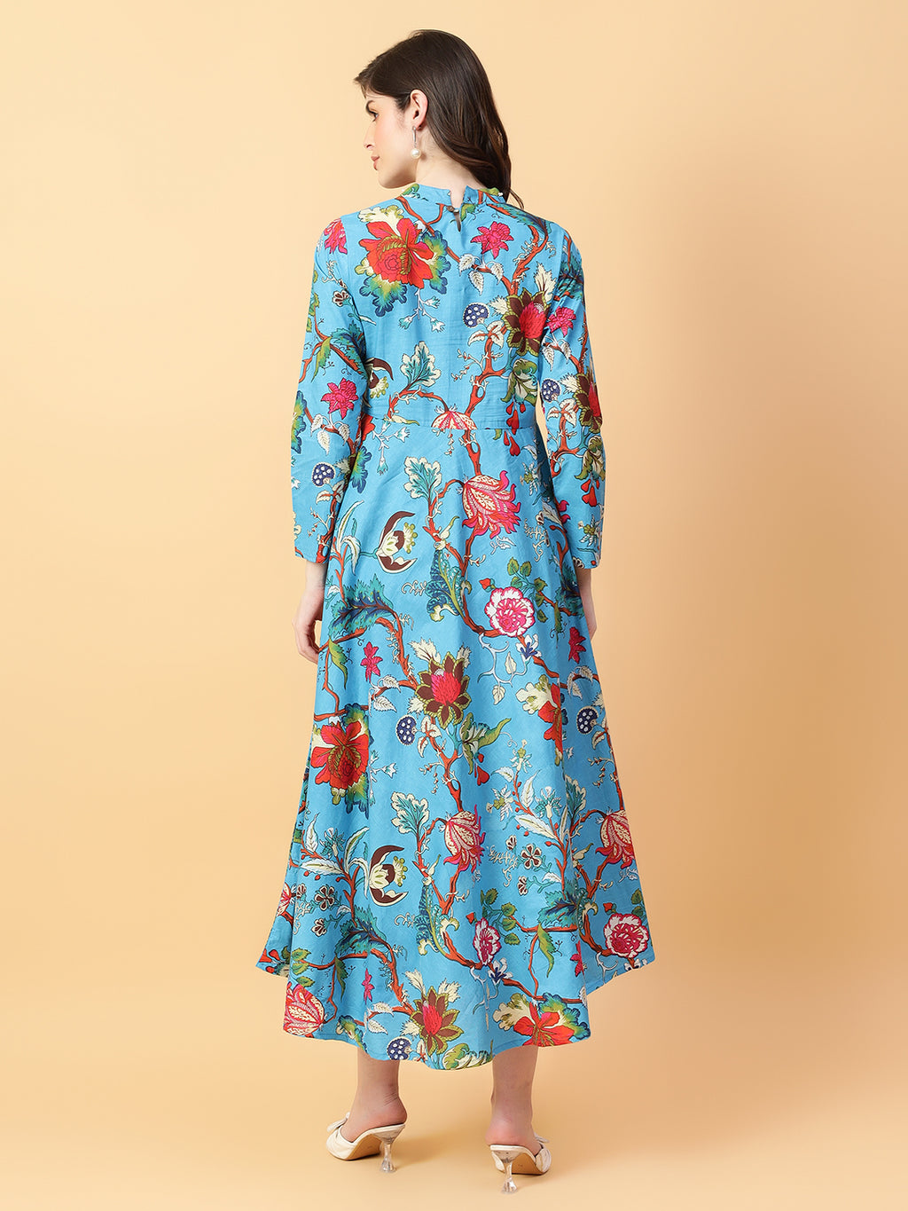 Turquoise Blue Cotton Printed & Hand Work Party wear dresses