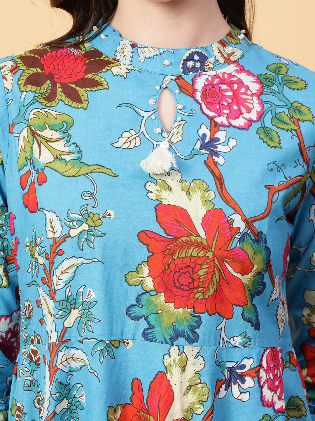 Turquoise Blue Cotton Printed & Hand Work Party wear dresses