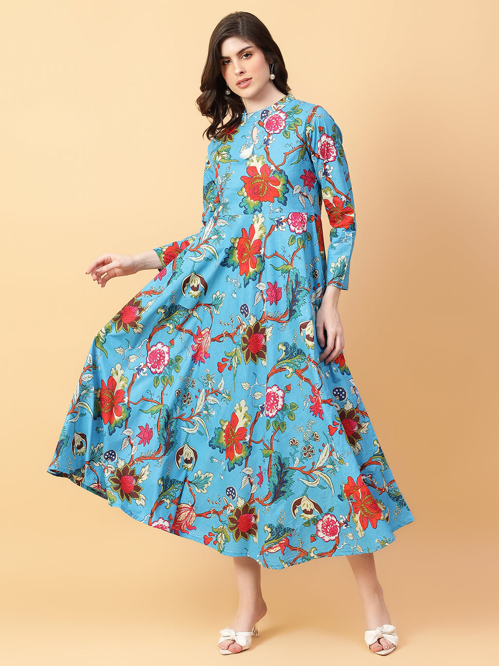 Turquoise Blue Cotton Printed & Hand Work Party wear dresses