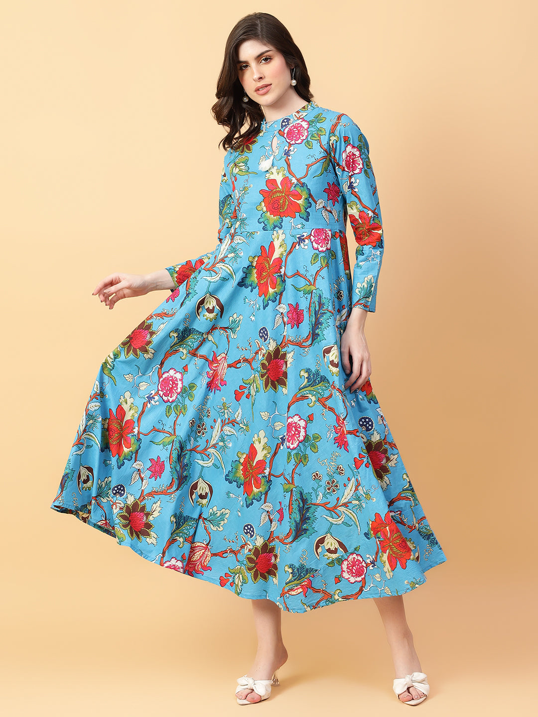 Turquoise Blue Cotton Printed & Hand Work Party wear dresses