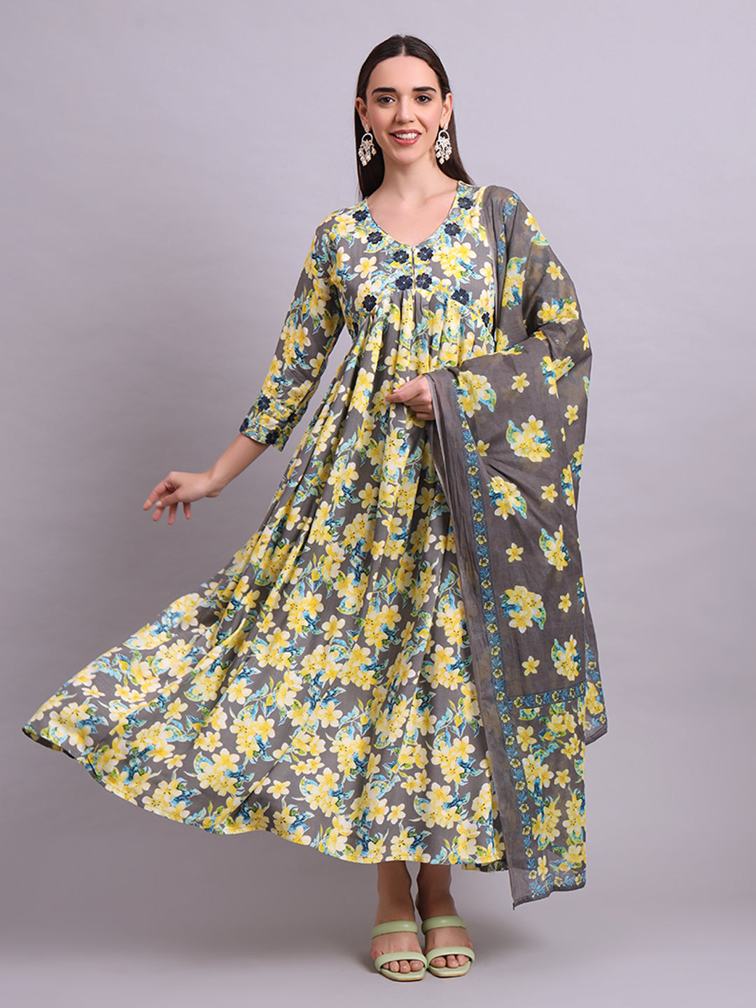 Yellow Cotton Floral Printed & Embroidery Work Anarkali Party wear dresses With Dupatta Set