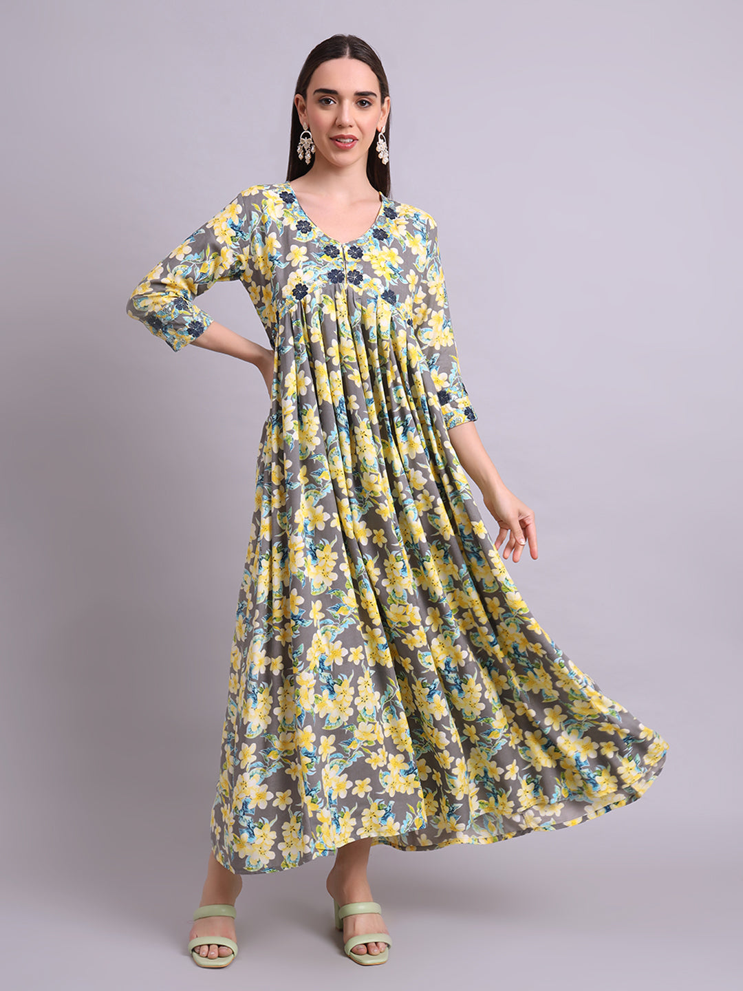 Yellow Cotton Floral Printed & Embroidery Work Anarkali Party wear dresses With Dupatta Set