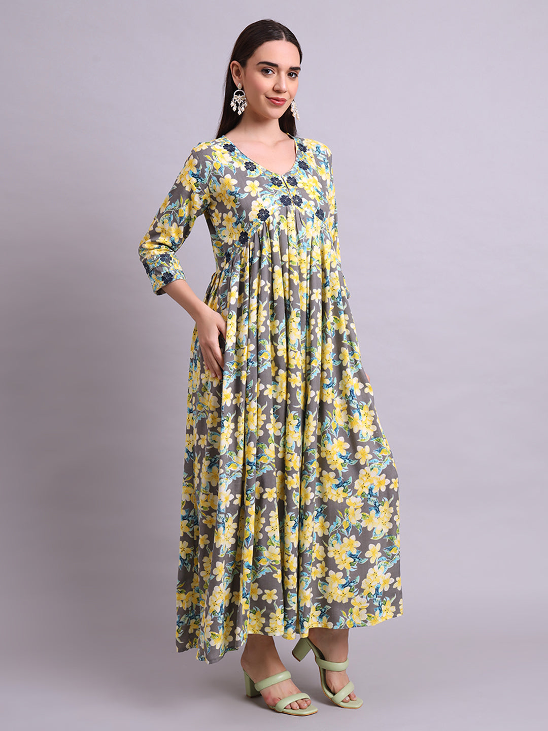 Yellow Cotton Floral Printed & Embroidery Work Anarkali Party wear dresses With Dupatta Set