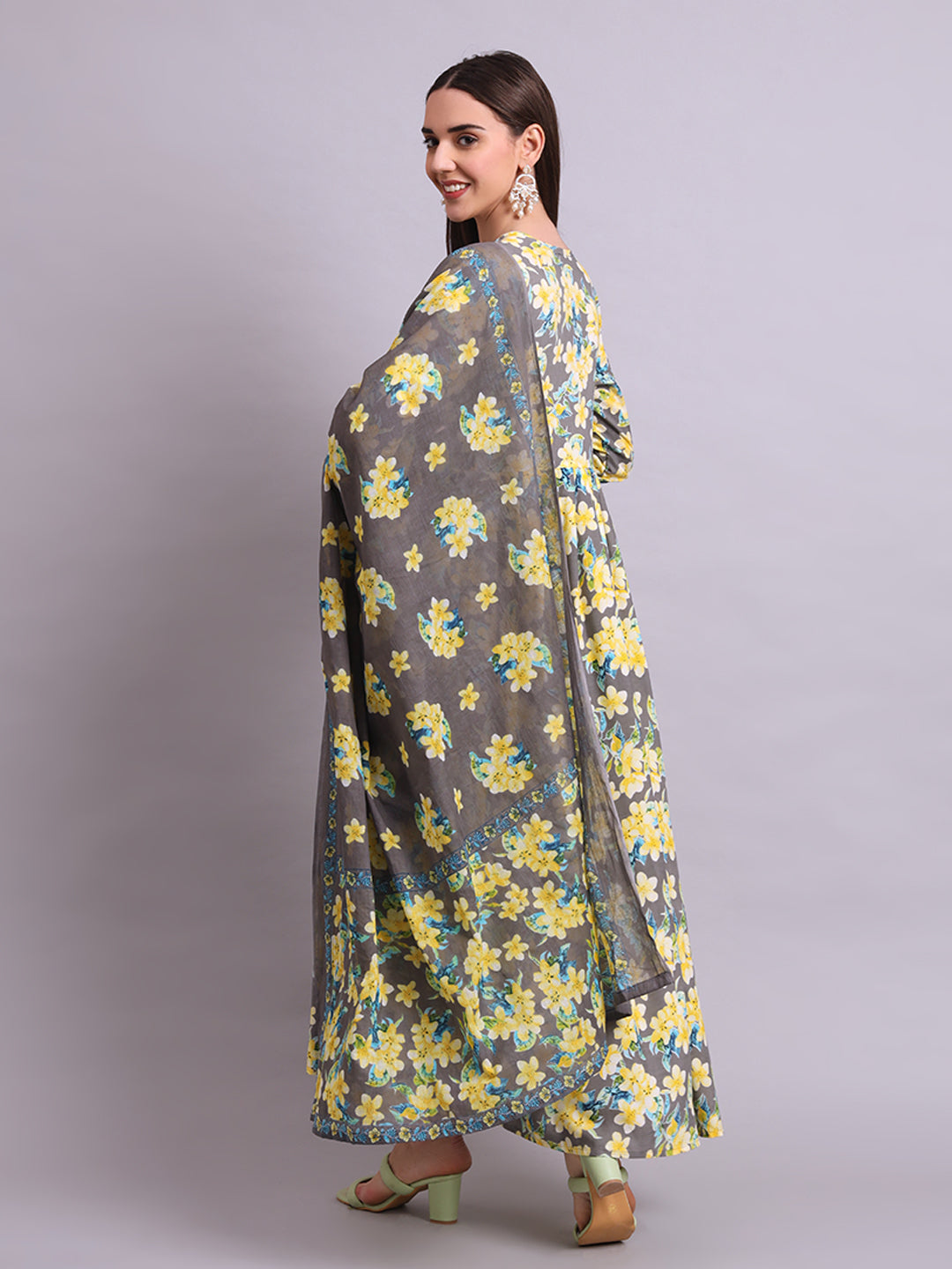 Yellow Cotton Floral Printed & Embroidery Work Anarkali Party wear dresses With Dupatta Set
