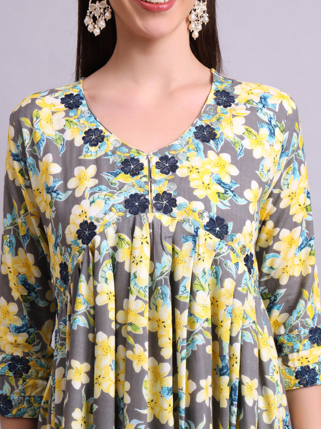 Yellow Cotton Floral Printed & Embroidery Work Anarkali Party wear dresses With Dupatta Set