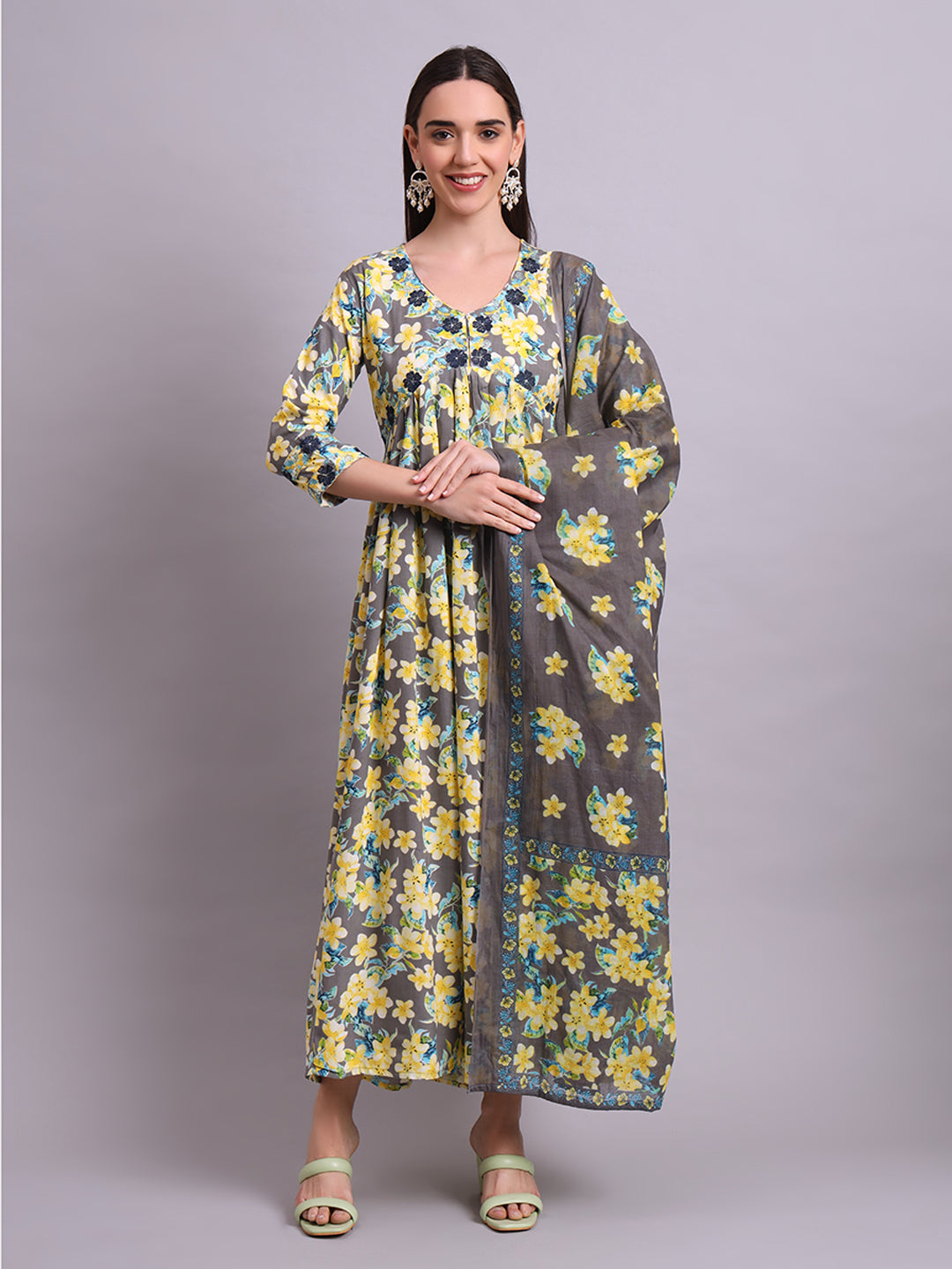 Yellow Cotton Floral Printed & Embroidery Work Anarkali Party wear dresses With Dupatta Set
