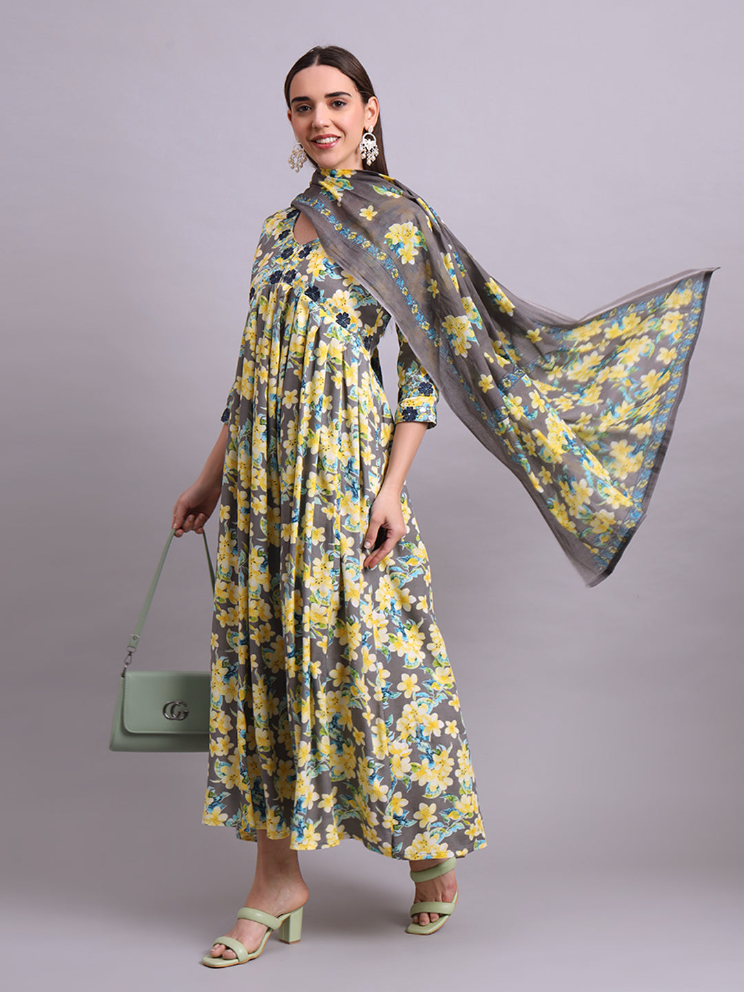 Yellow Cotton Floral Printed & Embroidery Work Anarkali Party wear dresses With Dupatta Set