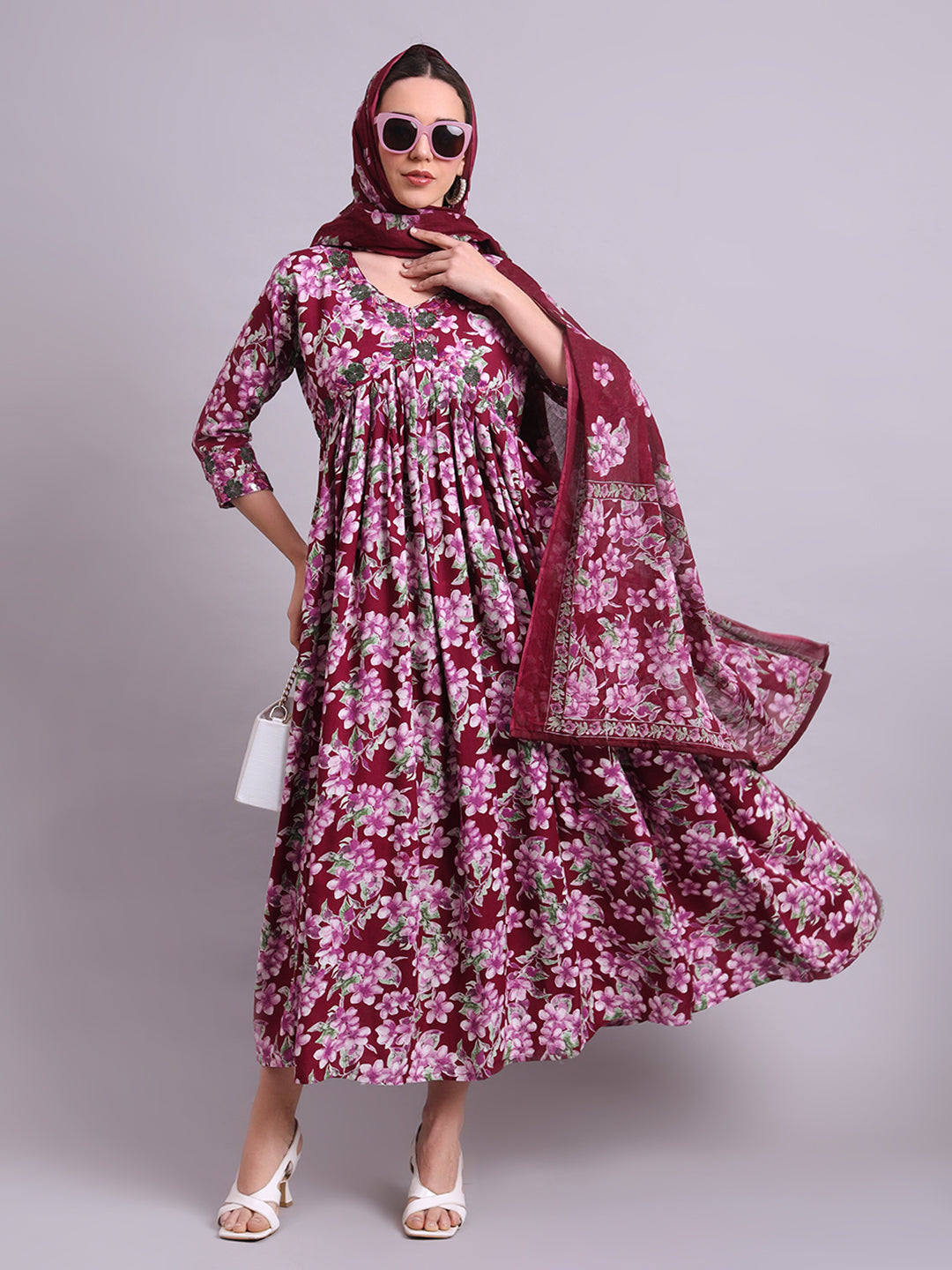 Purple Cotton Floral Printed & Embroidery Work Anarkali Party wear dresses With Dupatta Set