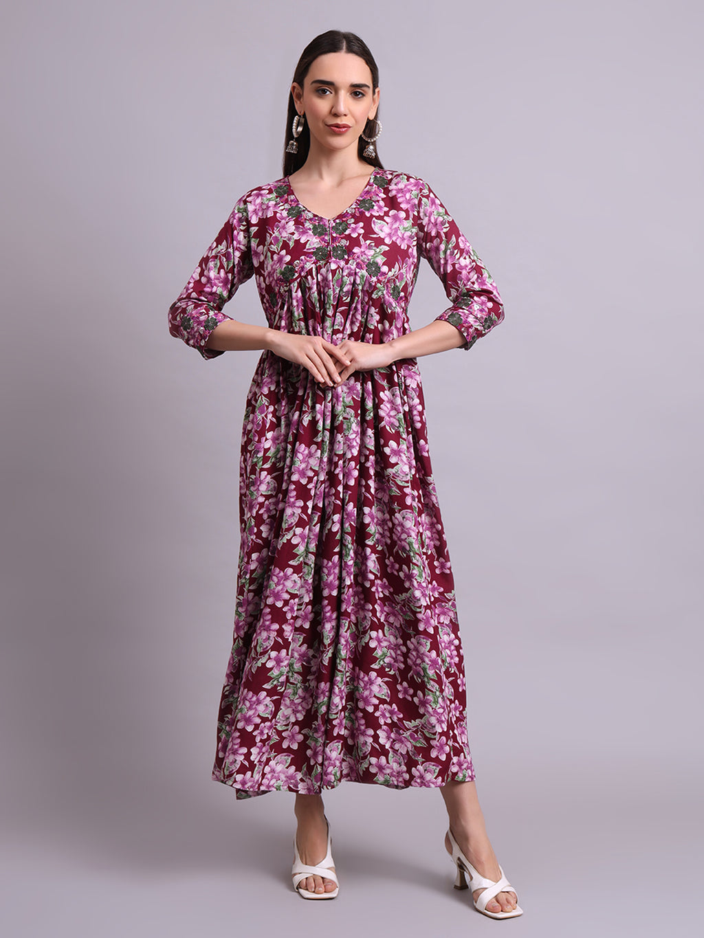 Purple Cotton Floral Printed & Embroidery Work Anarkali Party wear dresses With Dupatta Set