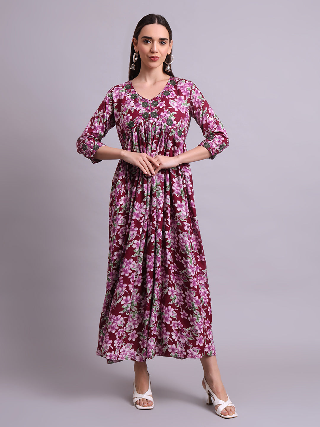 Purple Cotton Floral Printed & Embroidery Work Anarkali Party wear dresses With Dupatta Set