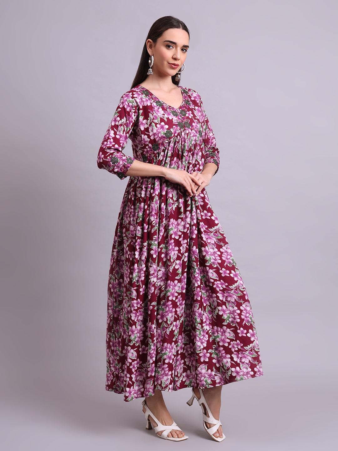 Purple Cotton Floral Printed & Embroidery Work Anarkali Party wear dresses With Dupatta Set
