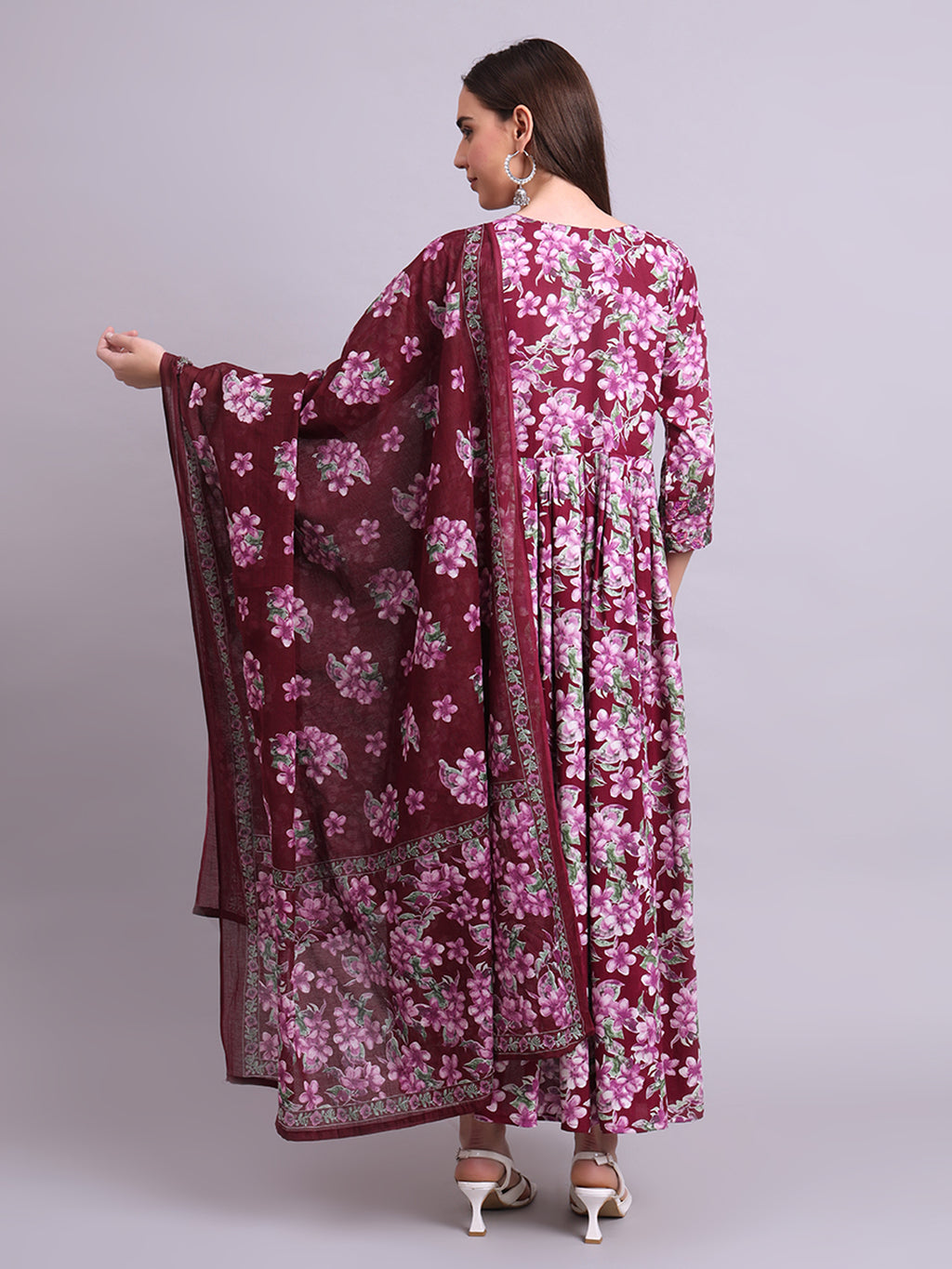 Purple Cotton Floral Printed & Embroidery Work Anarkali Party wear dresses With Dupatta Set