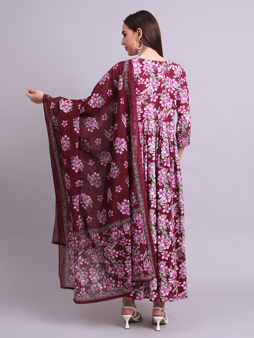 Purple Cotton Floral Printed & Embroidery Work Anarkali Party wear dresses With Dupatta Set