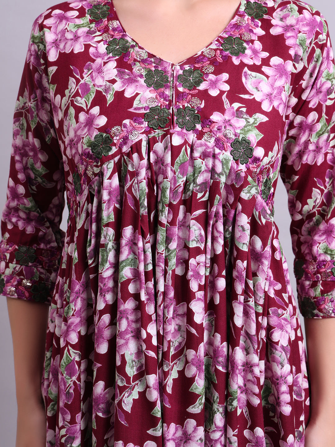 Purple Cotton Floral Printed & Embroidery Work Anarkali Party wear dresses With Dupatta Set