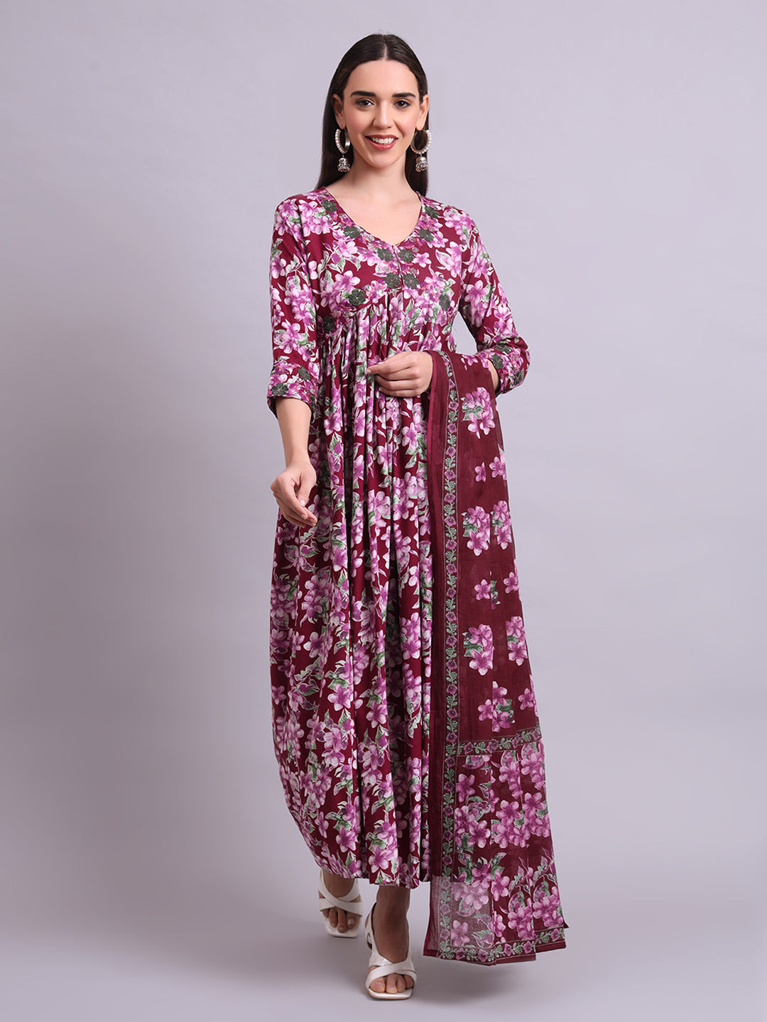Purple Cotton Floral Printed & Embroidery Work Anarkali Party wear dresses With Dupatta Set