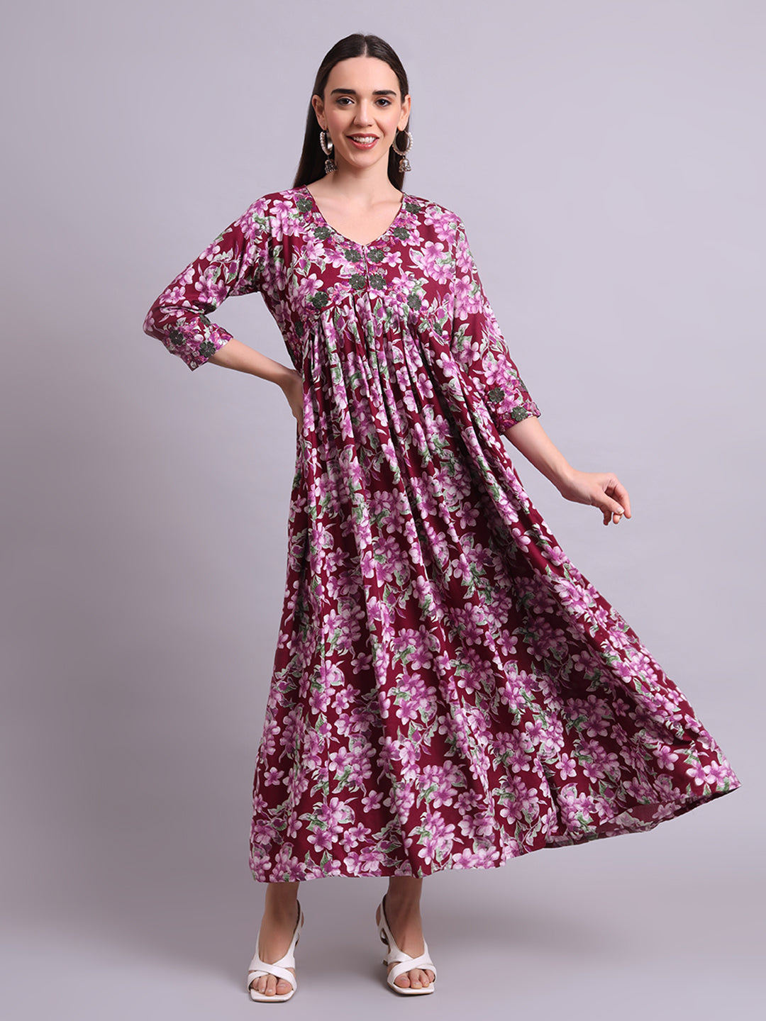 Purple Cotton Floral Printed & Embroidery Work Anarkali Party wear dresses With Dupatta Set