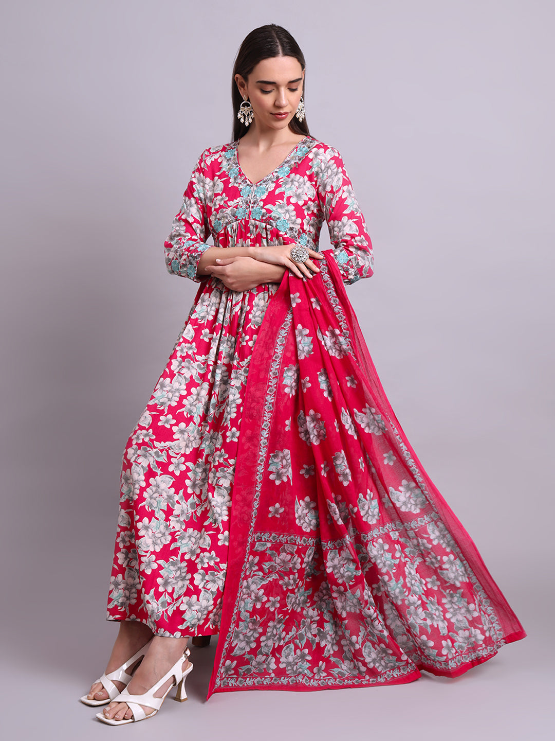 Red Cotton Floral Printed & Embroidery Work Anarkali Party wear dresses With Dupatta Set