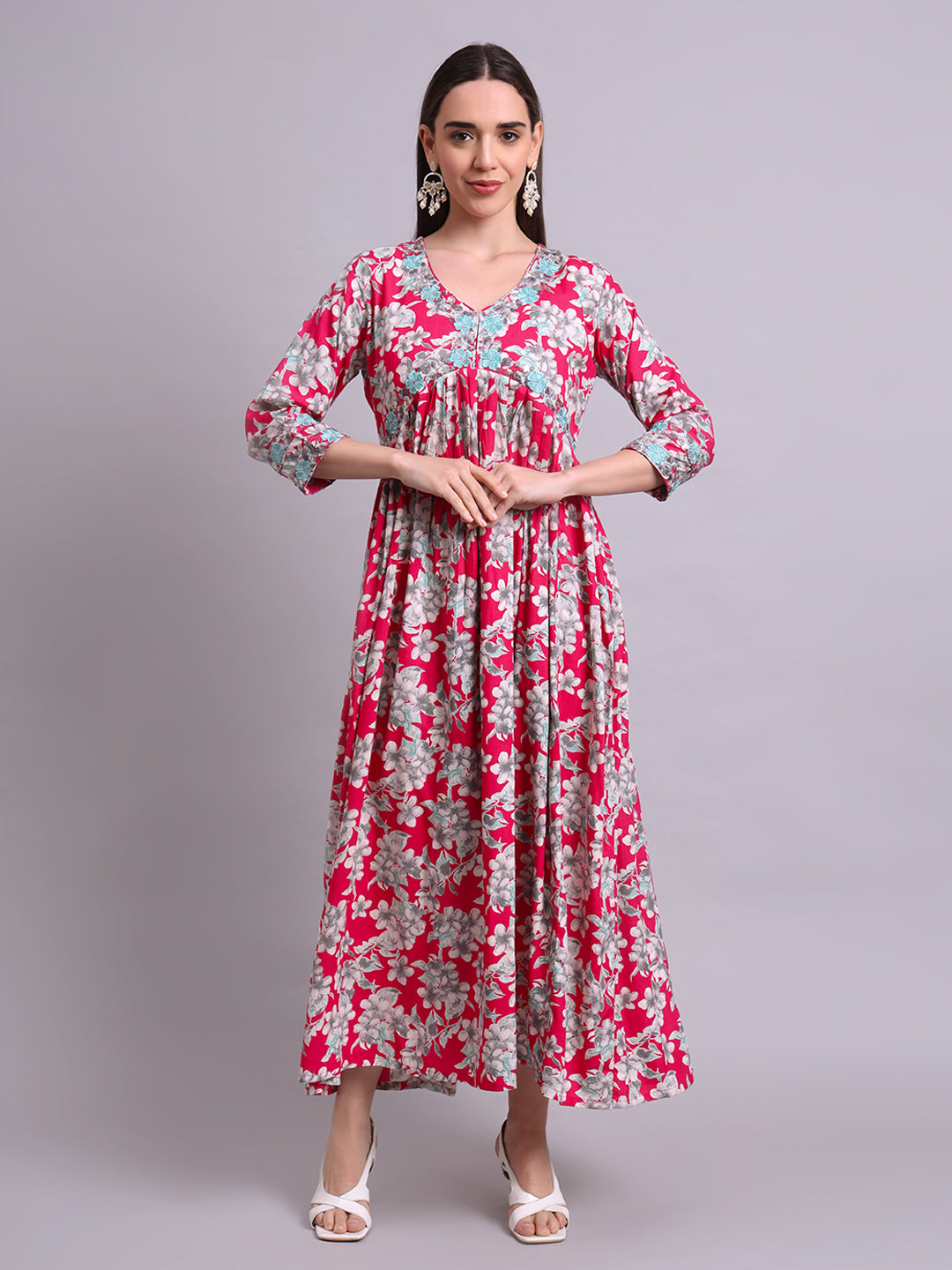 Red Cotton Floral Printed & Embroidery Work Anarkali Party wear dresses With Dupatta Set