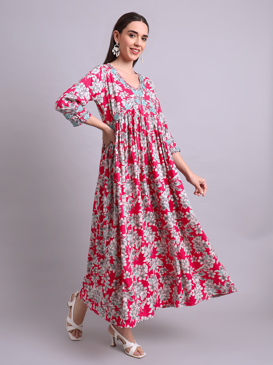 Red Cotton Floral Printed & Embroidery Work Anarkali Party wear dresses With Dupatta Set