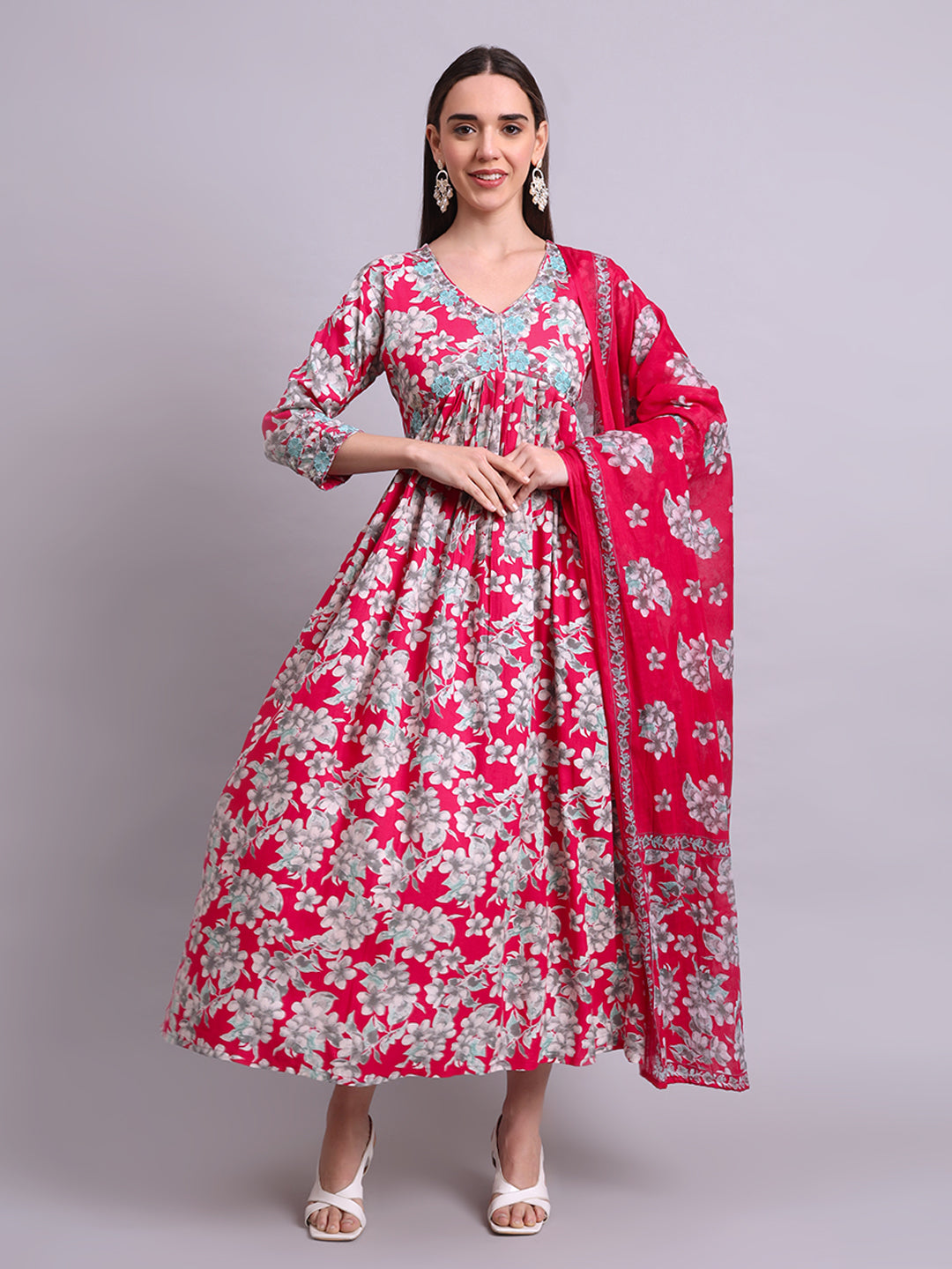 Red Cotton Floral Printed & Embroidery Work Anarkali Party wear dresses With Dupatta Set