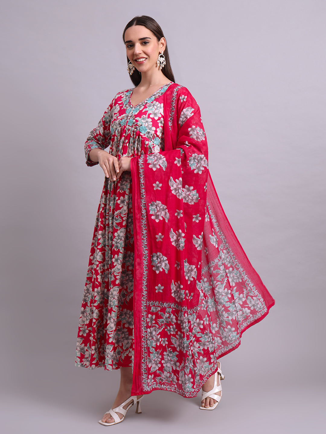Red Cotton Floral Printed & Embroidery Work Anarkali Party wear dresses With Dupatta Set