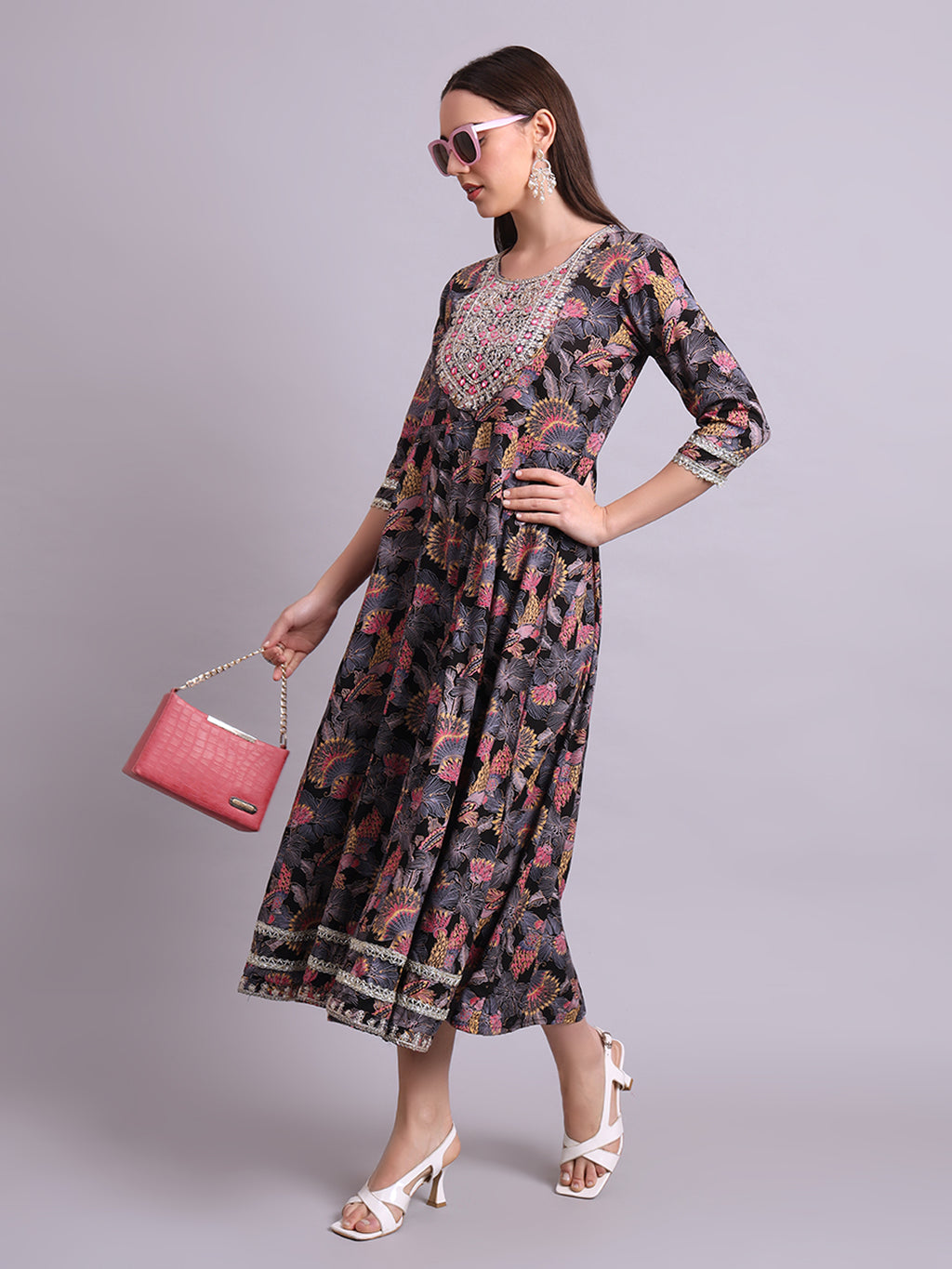 Black Cotton Floral Printed & Embroidery Work Anarkali Party wear dresses