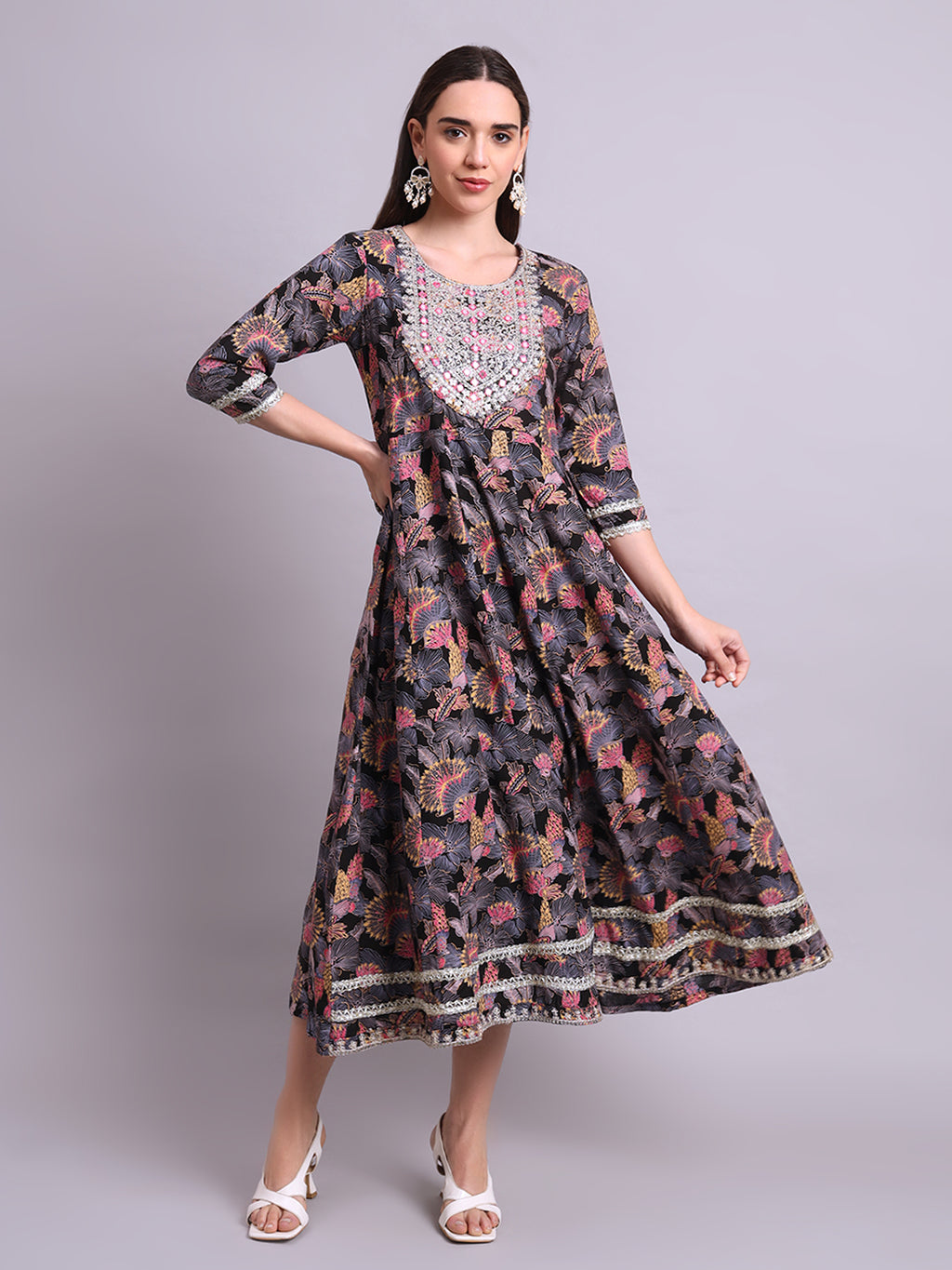 Black Cotton Floral Printed & Embroidery Work Anarkali Party wear dresses