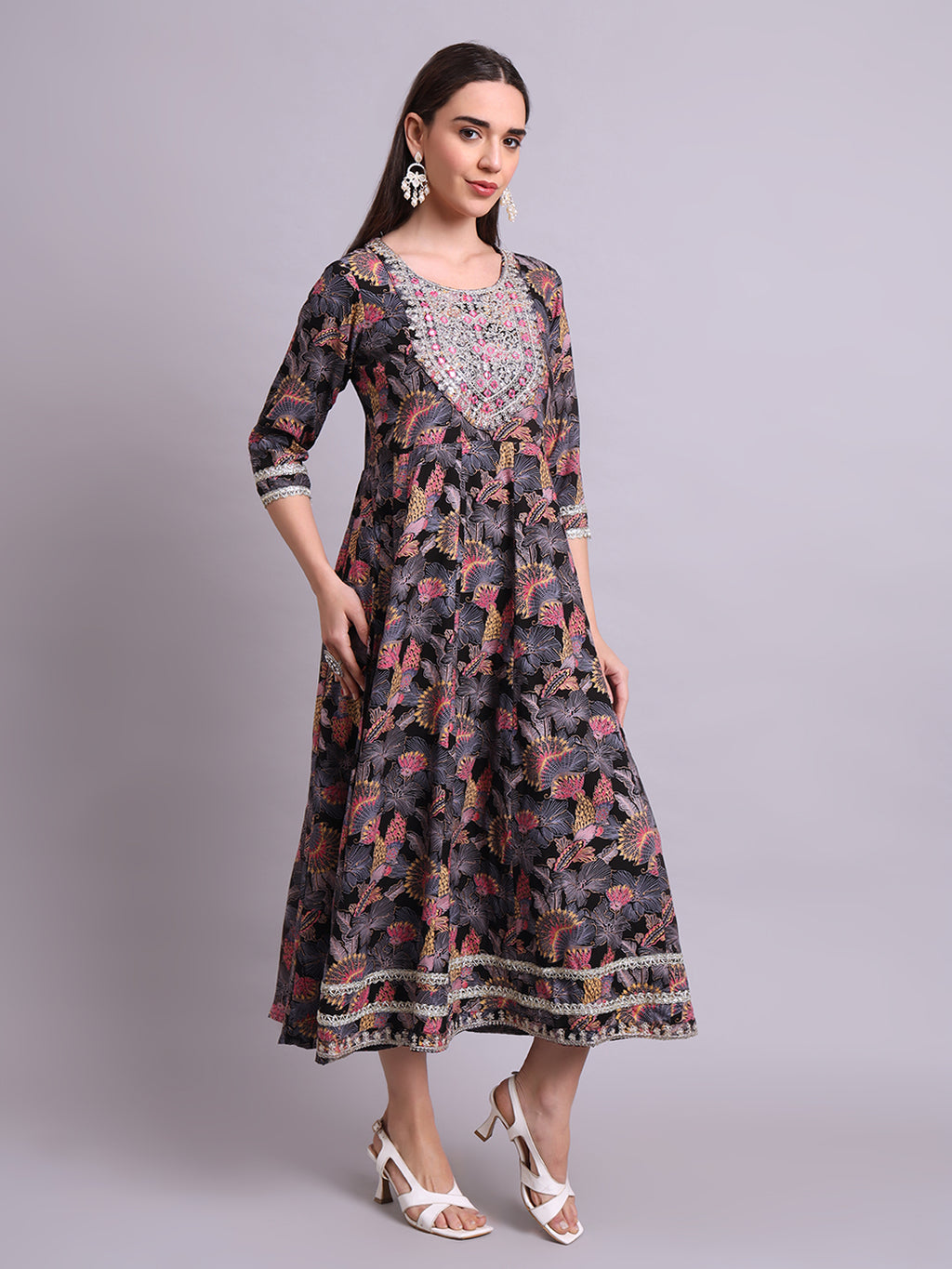 Black Cotton Floral Printed & Embroidery Work Anarkali Party wear dresses