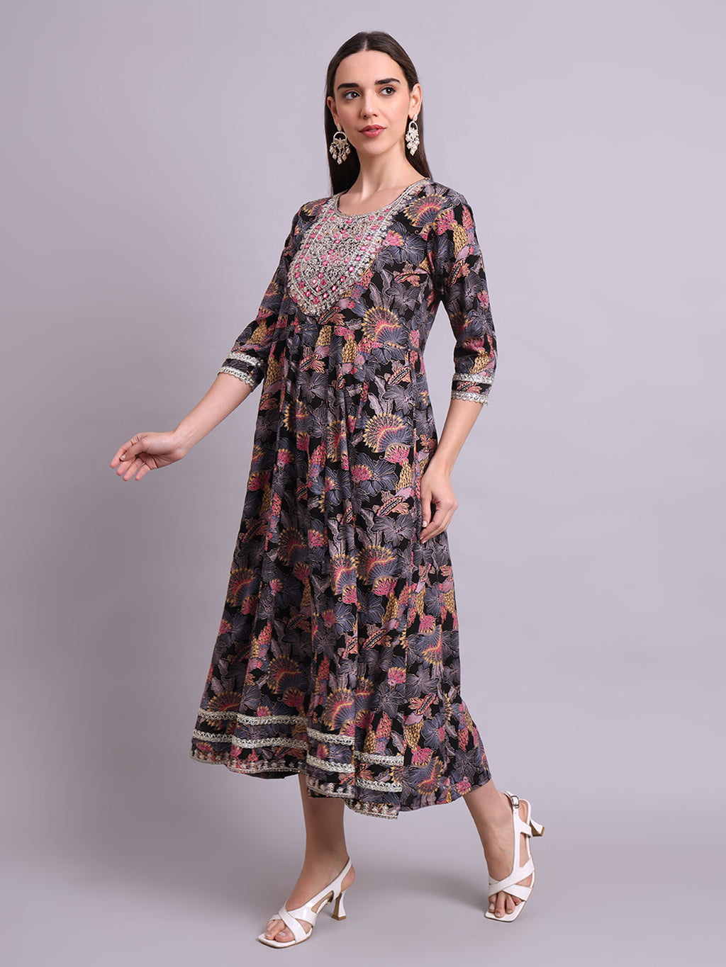Black Cotton Floral Printed & Embroidery Work Anarkali Party wear dresses