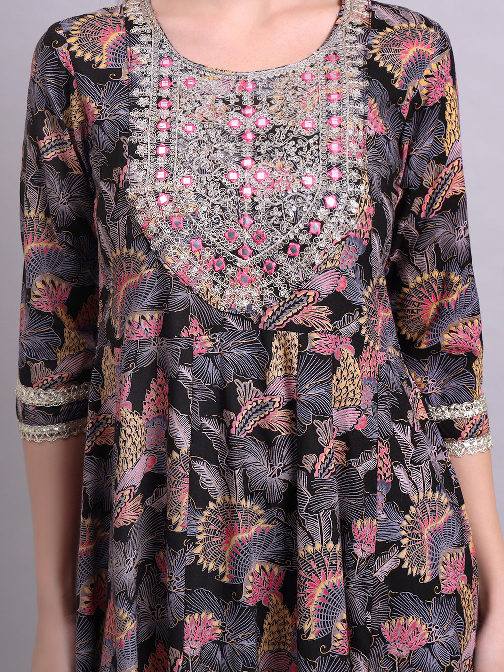 Black Cotton Floral Printed & Embroidery Work Anarkali Party wear dresses